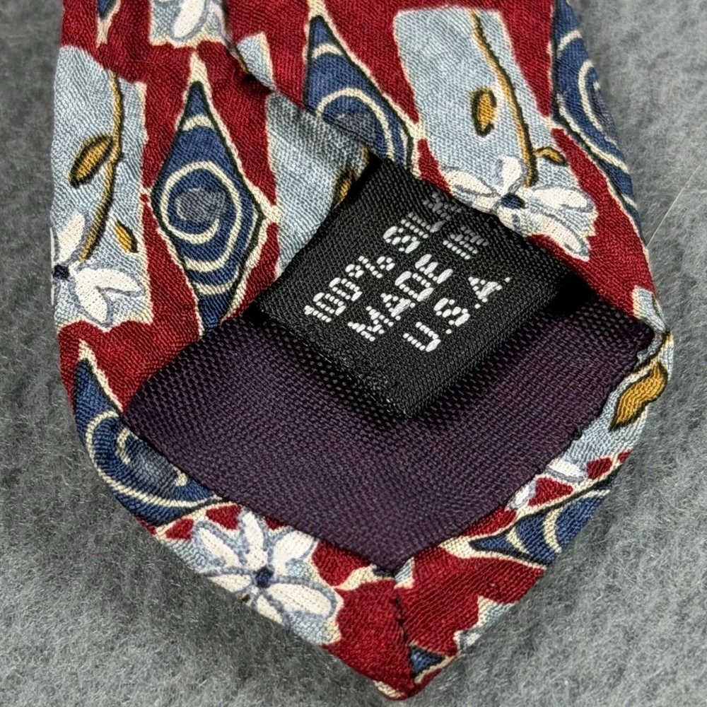 Structure Mens Silk Tie Red Blue Floral Geometric Pattern Made in USA Vintage